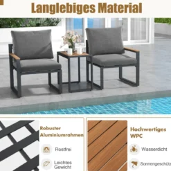Wetterfestes Gartenmöbel Set mit Aluminiumrahmen & Weichen Kissen Balkonset mit 2 Stühlen & Tisch
