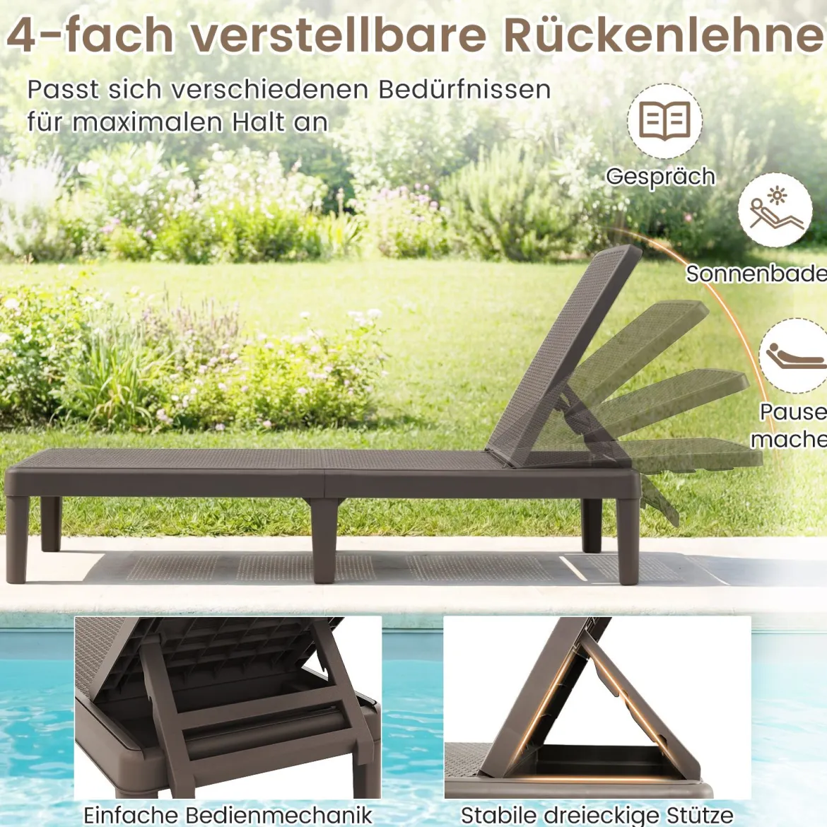 Wetterfeste Sonnenliege mit Verstellbarer Rückenlehne Kunststoff Gartenliege Balkonliege Braun