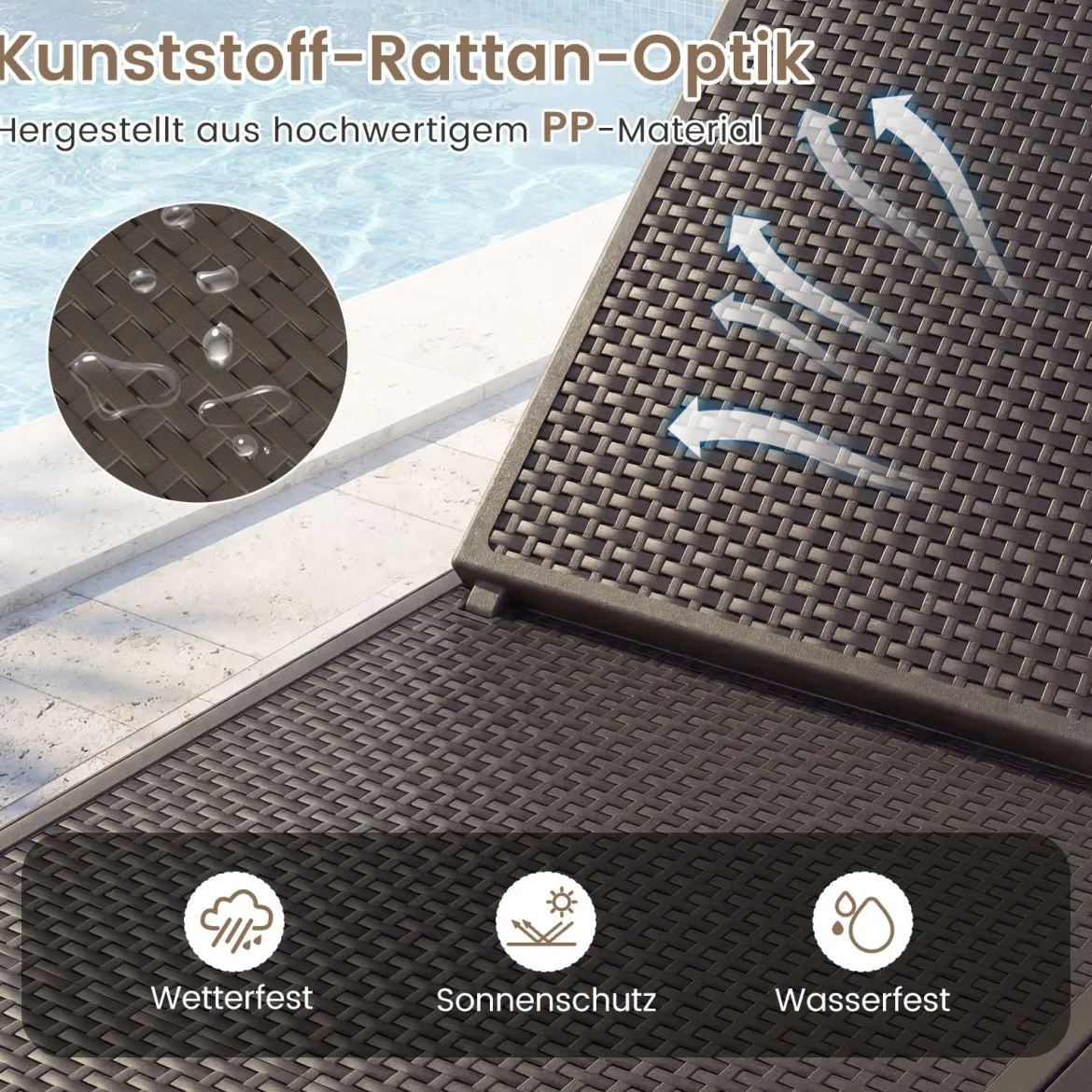 Wetterfeste Sonnenliege mit Verstellbarer Rückenlehne Kunststoff Gartenliege Balkonliege Braun