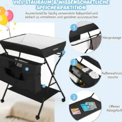 Wickelstation Zusammenklappbarer Wickeltisch für Babys mit Rädern Schwarz