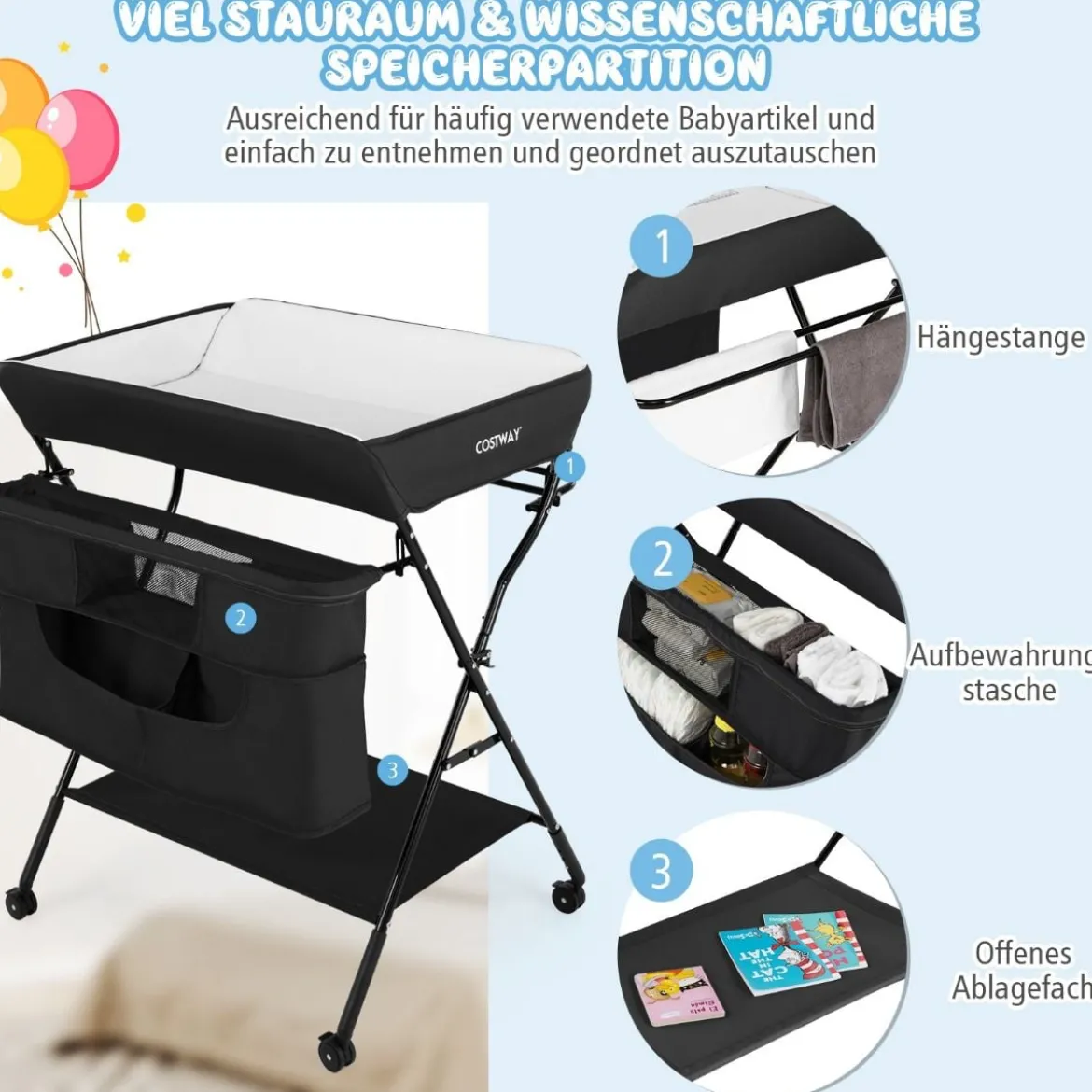 Wickelstation Zusammenklappbarer Wickeltisch für Babys mit Rädern Schwarz