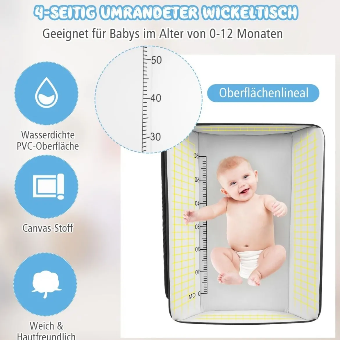 Wickelstation Zusammenklappbarer Wickeltisch für Babys mit Rädern Schwarz