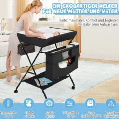 Wickelstation Zusammenklappbarer Wickeltisch für Babys mit Rädern Schwarz