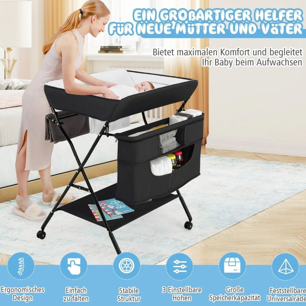 Wickelstation Zusammenklappbarer Wickeltisch für Babys mit Rädern Schwarz