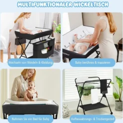 Wickelstation Zusammenklappbarer Wickeltisch für Babys mit Rädern Schwarz
