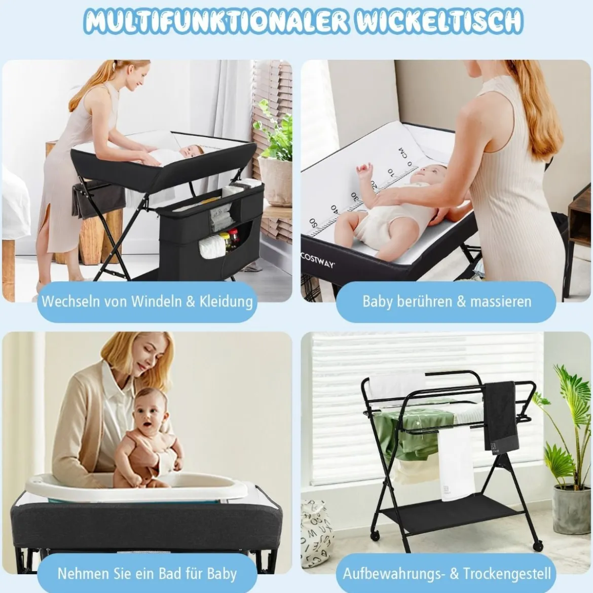 Wickelstation Zusammenklappbarer Wickeltisch für Babys mit Rädern Schwarz