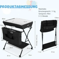 Wickelstation Zusammenklappbarer Wickeltisch für Babys mit Rädern Schwarz
