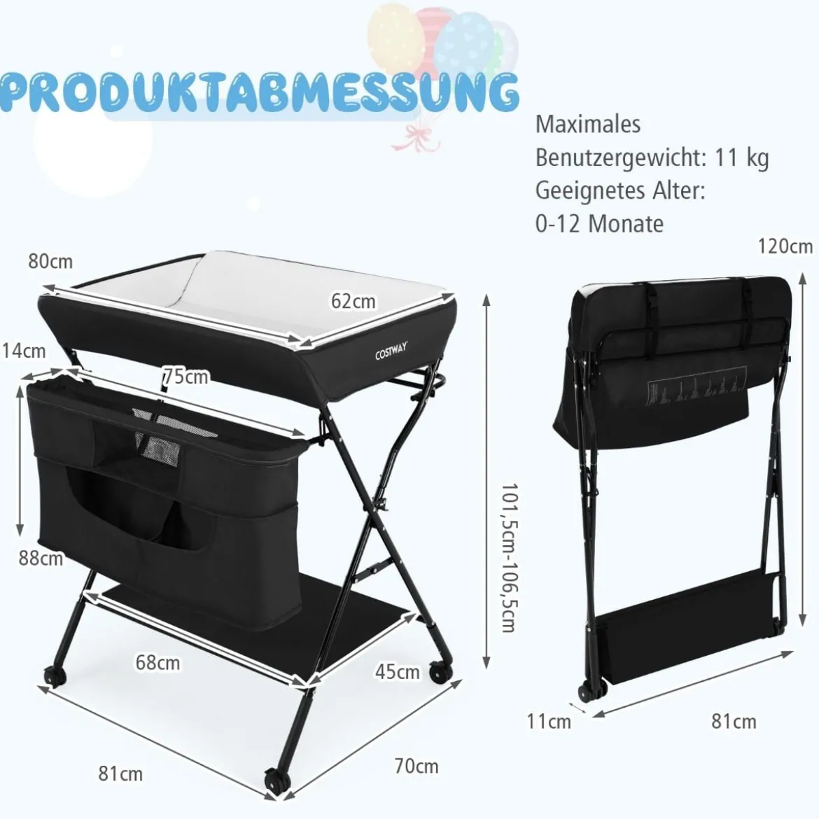 Wickelstation Zusammenklappbarer Wickeltisch für Babys mit Rädern Schwarz