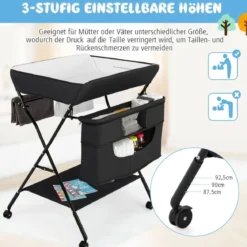 Wickelstation Zusammenklappbarer Wickeltisch für Babys mit Rädern Schwarz