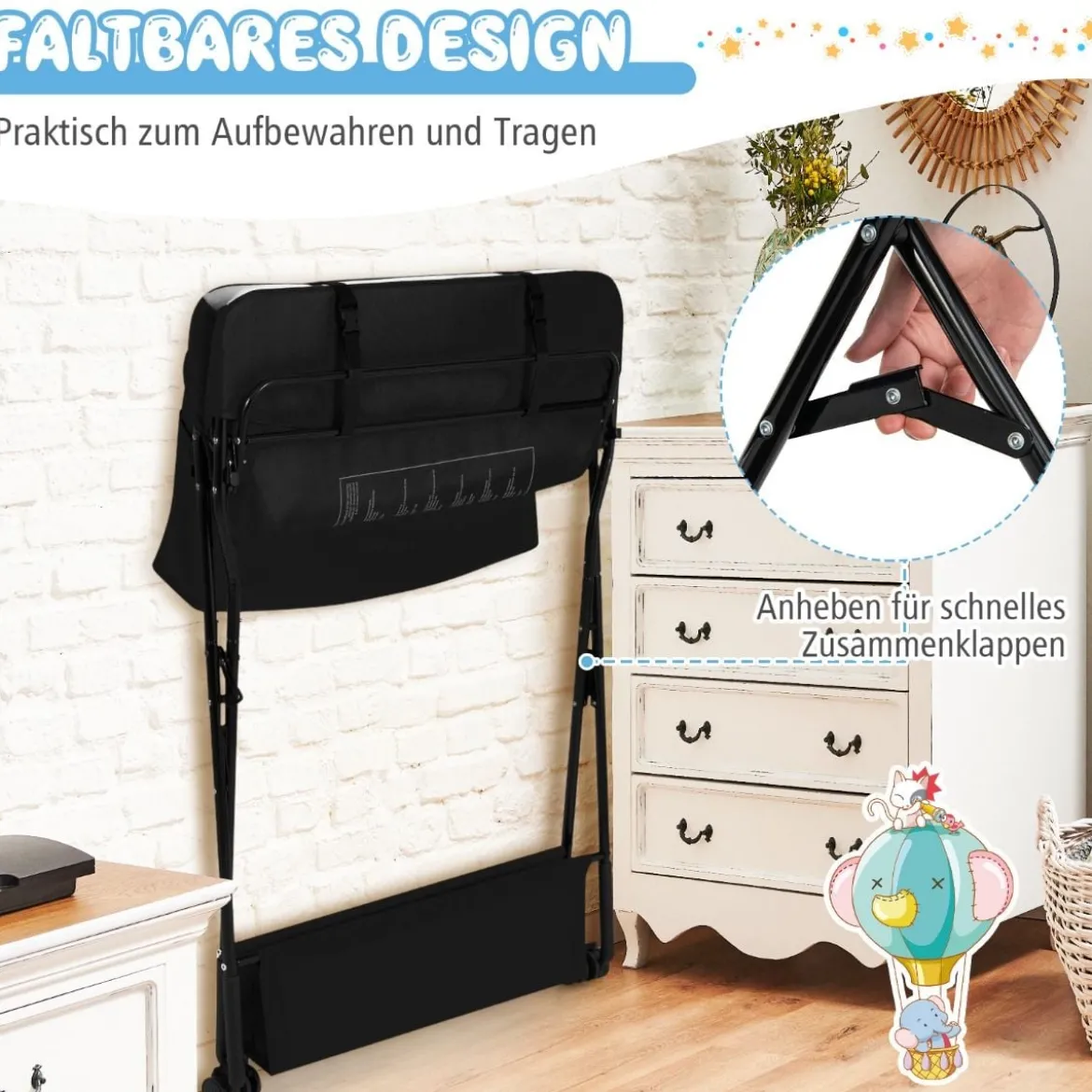 Wickelstation Zusammenklappbarer Wickeltisch für Babys mit Rädern Schwarz