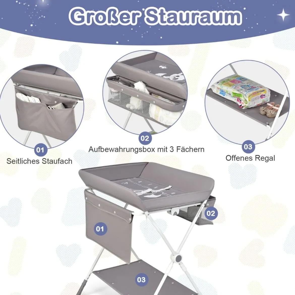 Wickeltisch Klappbarer Wickeltisch mit Rädern 80 x 75 x 99-105 cm Grau