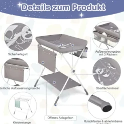 Wickeltisch Klappbarer Wickeltisch mit Rädern 80 x 75 x 99-105 cm Grau