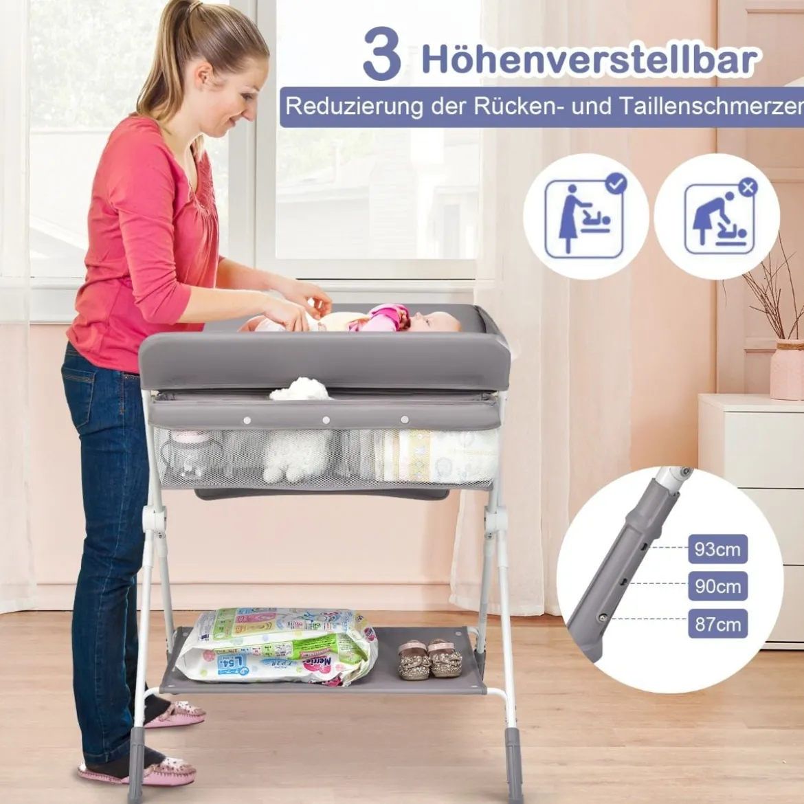 Wickeltisch Klappbarer Wickeltisch mit Rädern 80 x 75 x 99-105 cm Grau
