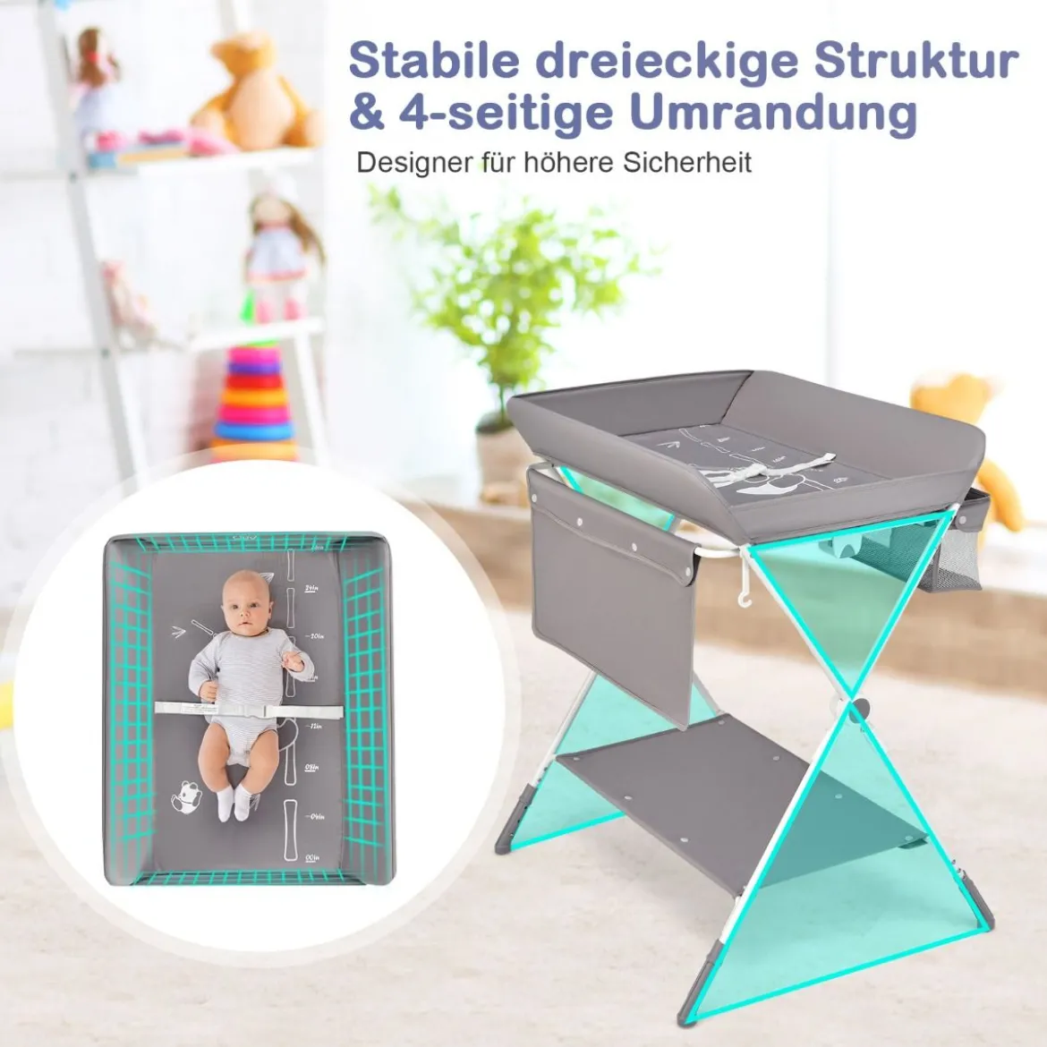 Wickeltisch Klappbarer Wickeltisch mit Rädern 80 x 75 x 99-105 cm Grau