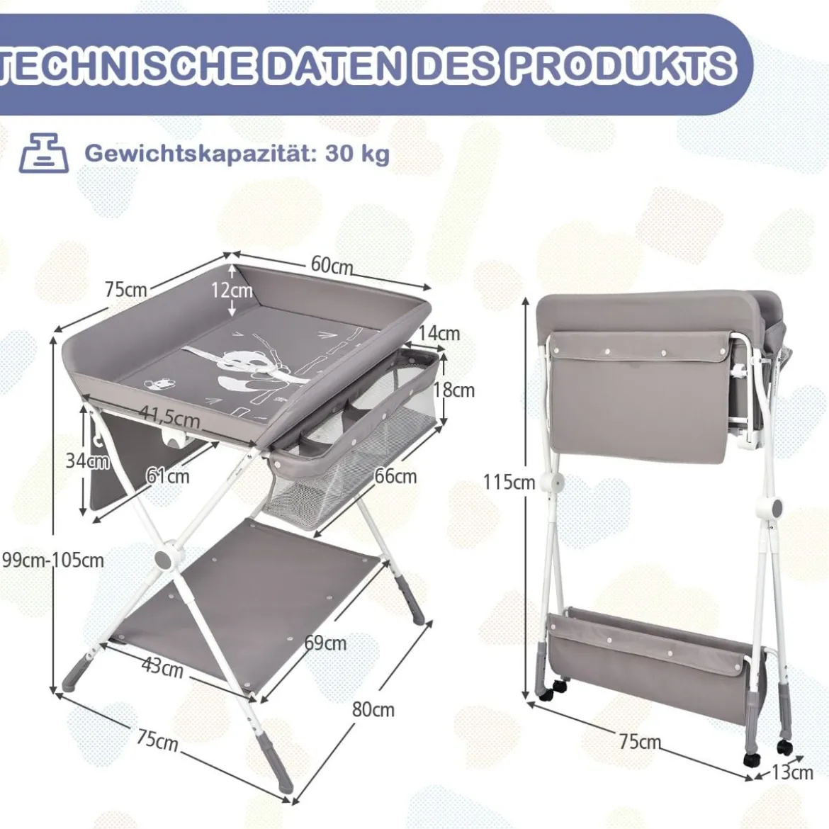 Wickeltisch Klappbarer Wickeltisch mit Rädern 80 x 75 x 99-105 cm Grau