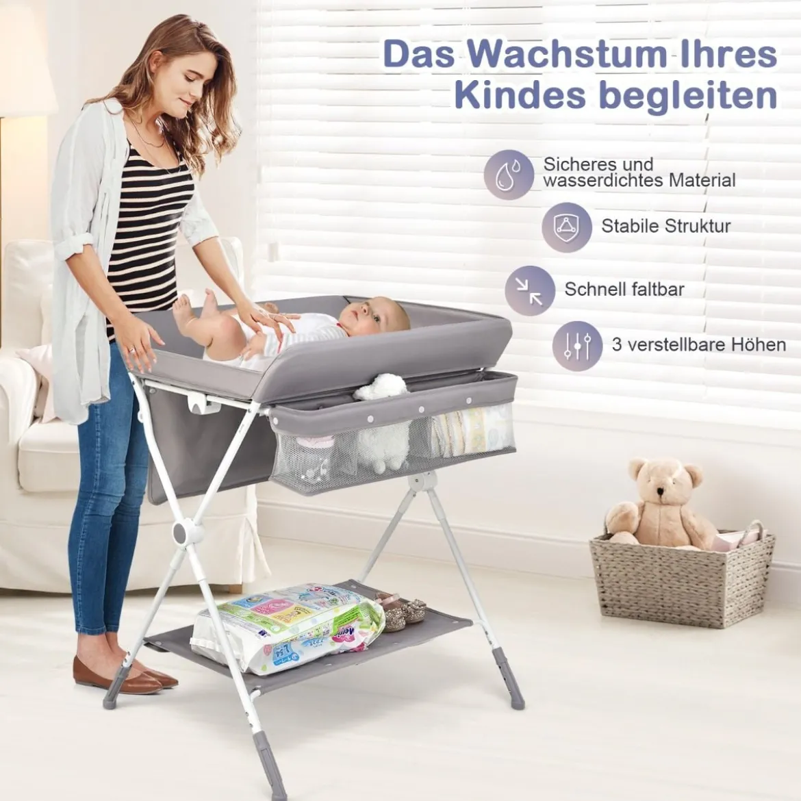 Wickeltisch Klappbarer Wickeltisch mit Rädern 80 x 75 x 99-105 cm Grau