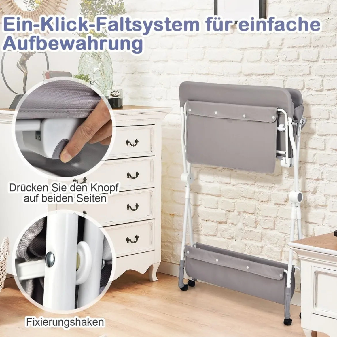 Wickeltisch Klappbarer Wickeltisch mit Rädern 80 x 75 x 99-105 cm Grau