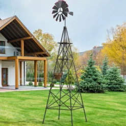 Windrad aus Metall mit 4 Stützbeinen Wetterfeste Windmühle für Garten Hof 67 x 67 x 253 cm Grau