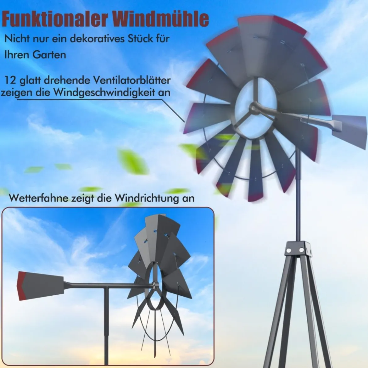 Windrad aus Metall mit 4 Stützbeinen Wetterfeste Windmühle für Garten Hof 67 x 67 x 253 cm Grau
