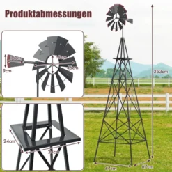 Windrad aus Metall mit 4 Stützbeinen Wetterfeste Windmühle für Garten Hof 67 x 67 x 253 cm Grau