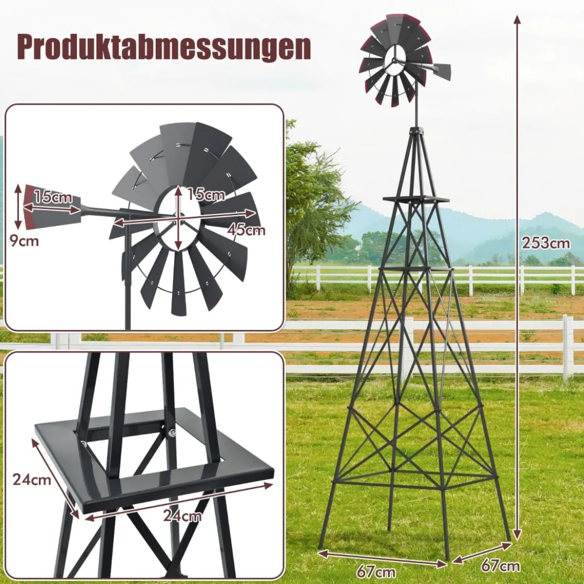 Windrad aus Metall mit 4 Stützbeinen Wetterfeste Windmühle für Garten Hof 67 x 67 x 253 cm Grau