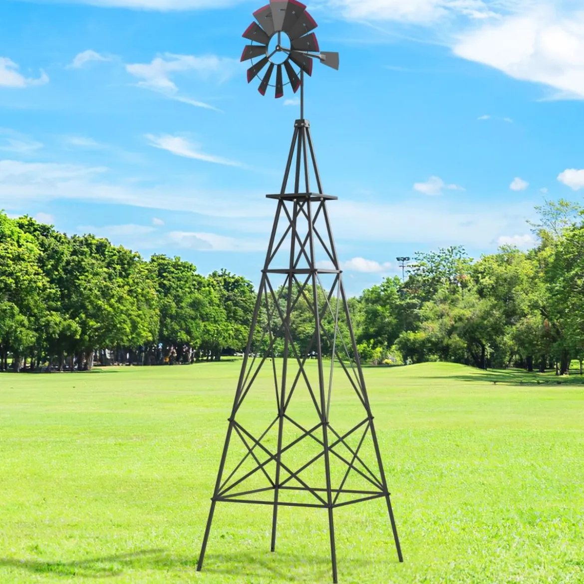 Windrad aus Metall mit 4 Stützbeinen Wetterfeste Windmühle für Garten Hof 67 x 67 x 253 cm Grau