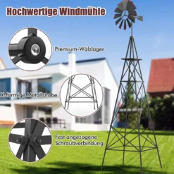 Windrad aus Metall mit 4 Stützbeinen Wetterfeste Windmühle für Garten Hof 67 x 67 x 253 cm Grau