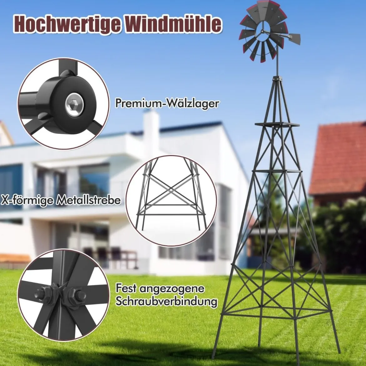Windrad aus Metall mit 4 Stützbeinen Wetterfeste Windmühle für Garten Hof 67 x 67 x 253 cm Grau