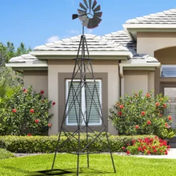 Windrad aus Metall mit 4 Stützbeinen Wetterfeste Windmühle für Garten Hof 67 x 67 x 253 cm Grau