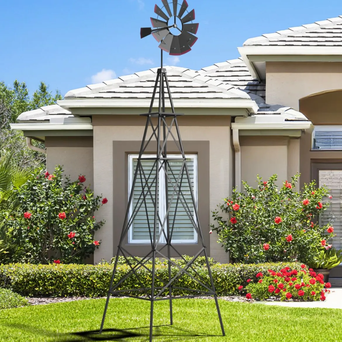 Windrad aus Metall mit 4 Stützbeinen Wetterfeste Windmühle für Garten Hof 67 x 67 x 253 cm Grau