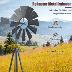 Windrad aus Metall mit 4 Stützbeinen Wetterfeste Windmühle für Garten Hof 67 x 67 x 253 cm Grau
