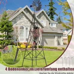 Windrad aus Metall mit 4 Stützbeinen Wetterfeste Windmühle für Garten Hof 67 x 67 x 253 cm Grau