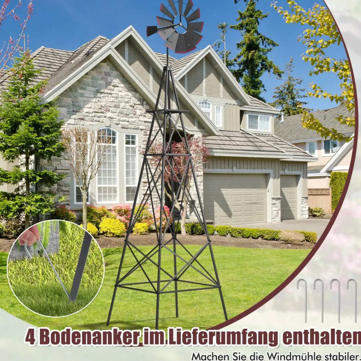 Windrad aus Metall mit 4 Stützbeinen Wetterfeste Windmühle für Garten Hof 67 x 67 x 253 cm Grau
