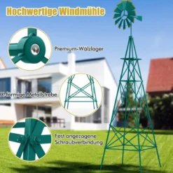 Windrad aus Metall mit 4 Stützbeinen Wetterfeste Windmühle für Garten Hof 67 x 67 x 253 cm Grün