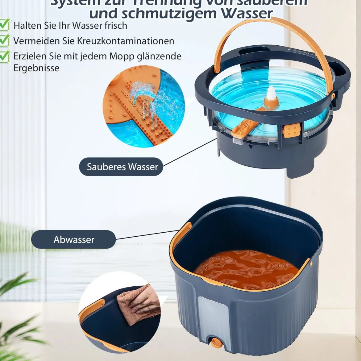 Wischmopp und Eimersystem mit Abwassertrennung & Auswringfunktion & 360° Drehmoppkopf Blau