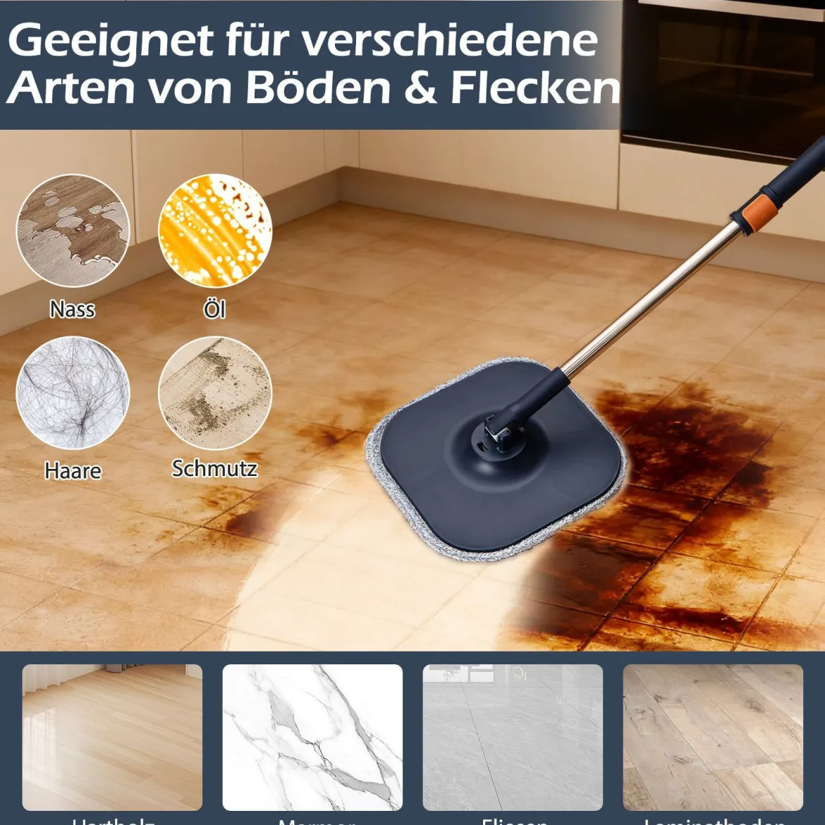 Wischmopp und Eimersystem mit Abwassertrennung & Auswringfunktion & 360° Drehmoppkopf Blau