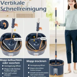 Wischmopp und Eimersystem mit Abwassertrennung & Auswringfunktion & 360° Drehmoppkopf Blau