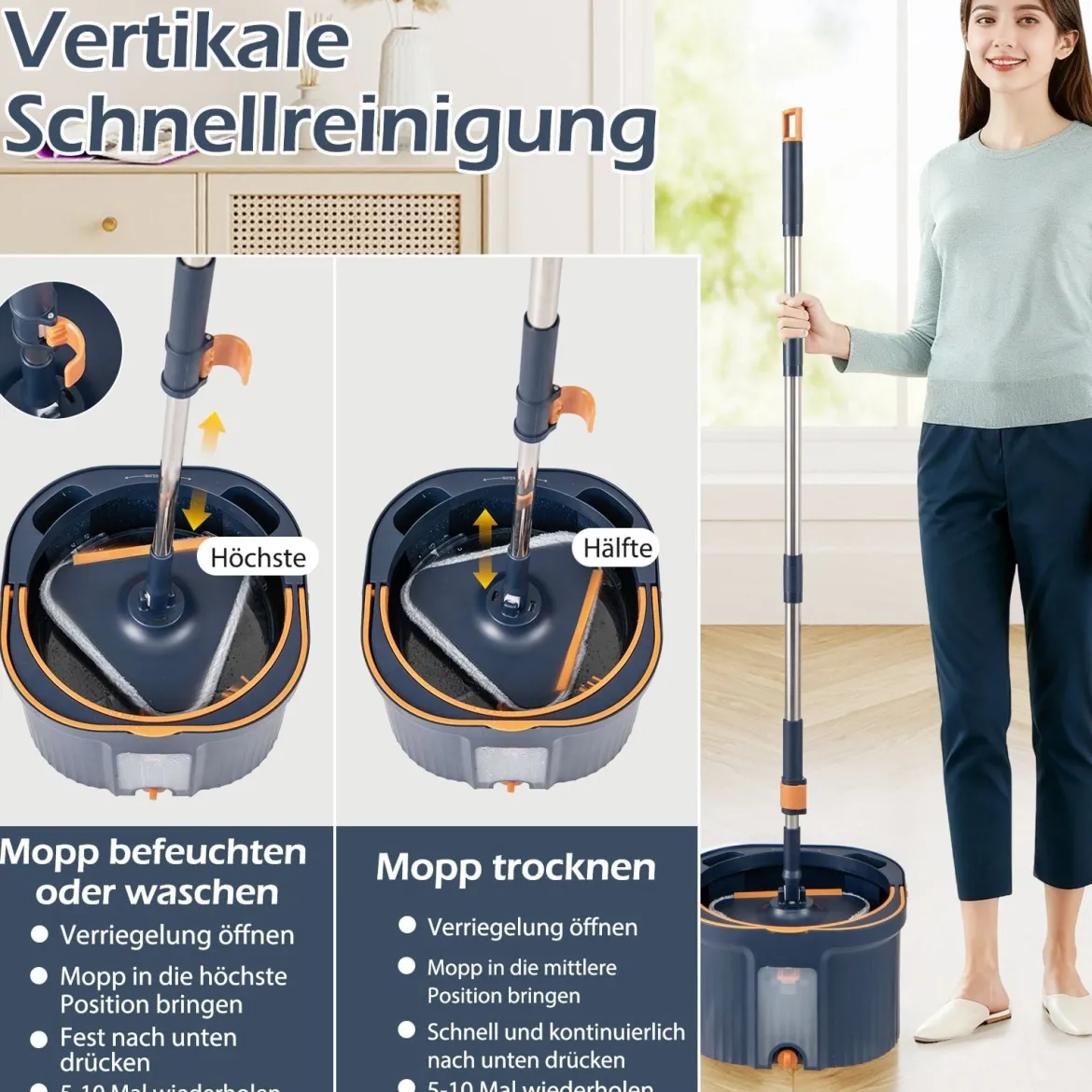 Wischmopp und Eimersystem mit Abwassertrennung & Auswringfunktion & 360° Drehmoppkopf Blau