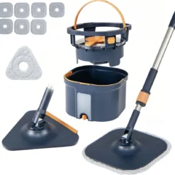 Wischmopp und Eimersystem mit Abwassertrennung mit 6 Ersatz-Moppköpfe Blau