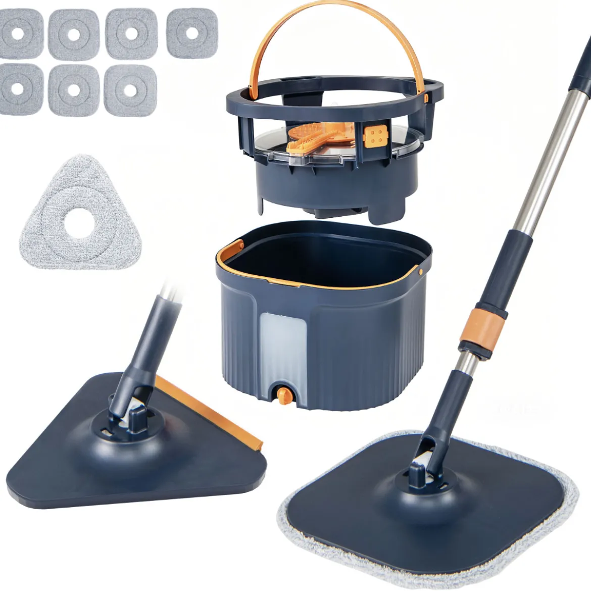 Wischmopp und Eimersystem mit Abwassertrennung mit 6 Ersatz-Moppköpfe Blau
