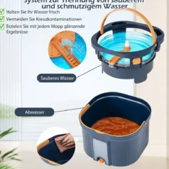 Wischmopp und Eimersystem mit Abwassertrennung mit 6 Ersatz-Moppköpfe Blau