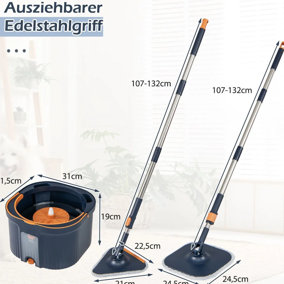 Wischmopp und Eimersystem mit Abwassertrennung mit 6 Ersatz-Moppköpfe Blau