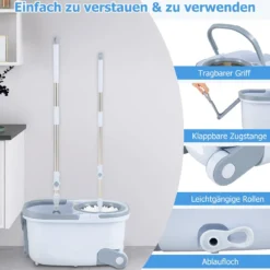 Wischmopp und Eimersystem mit Auswringfunktion & Abwassertrennung & 360° Wischköpfe Blau