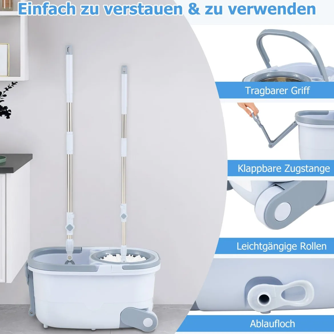 Wischmopp und Eimersystem mit Auswringfunktion & Abwassertrennung & 360° Wischköpfe Blau