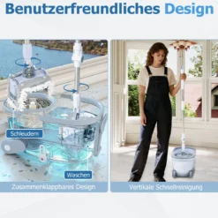 Wischmopp und Eimersystem mit Auswringfunktion & Abwassertrennung & 360° Wischköpfe Blau