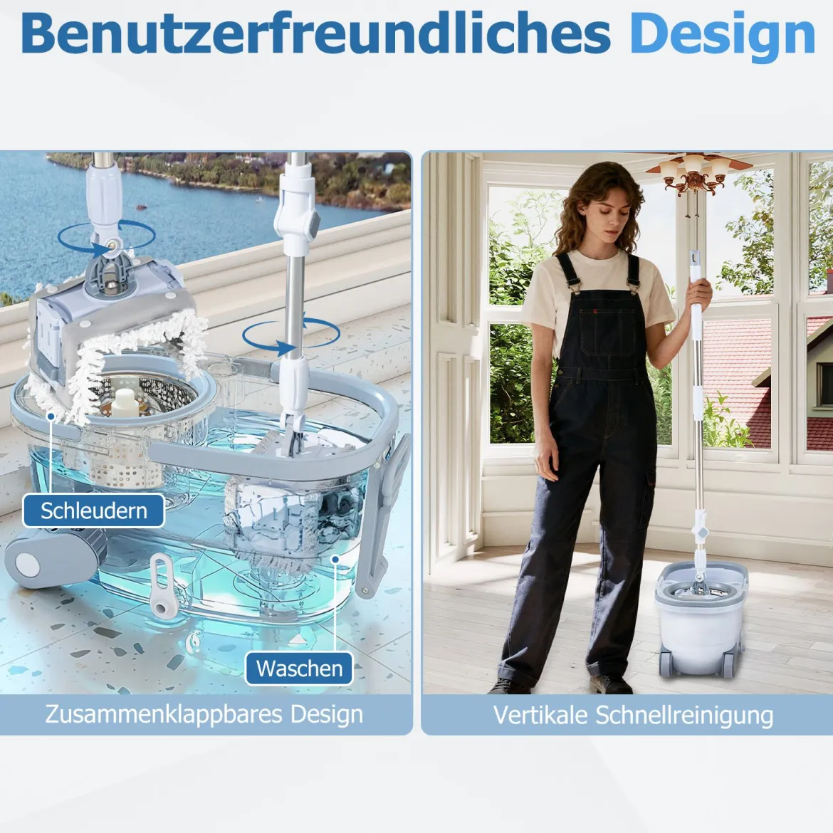 Wischmopp und Eimersystem mit Auswringfunktion & Abwassertrennung & 360° Wischköpfe Blau