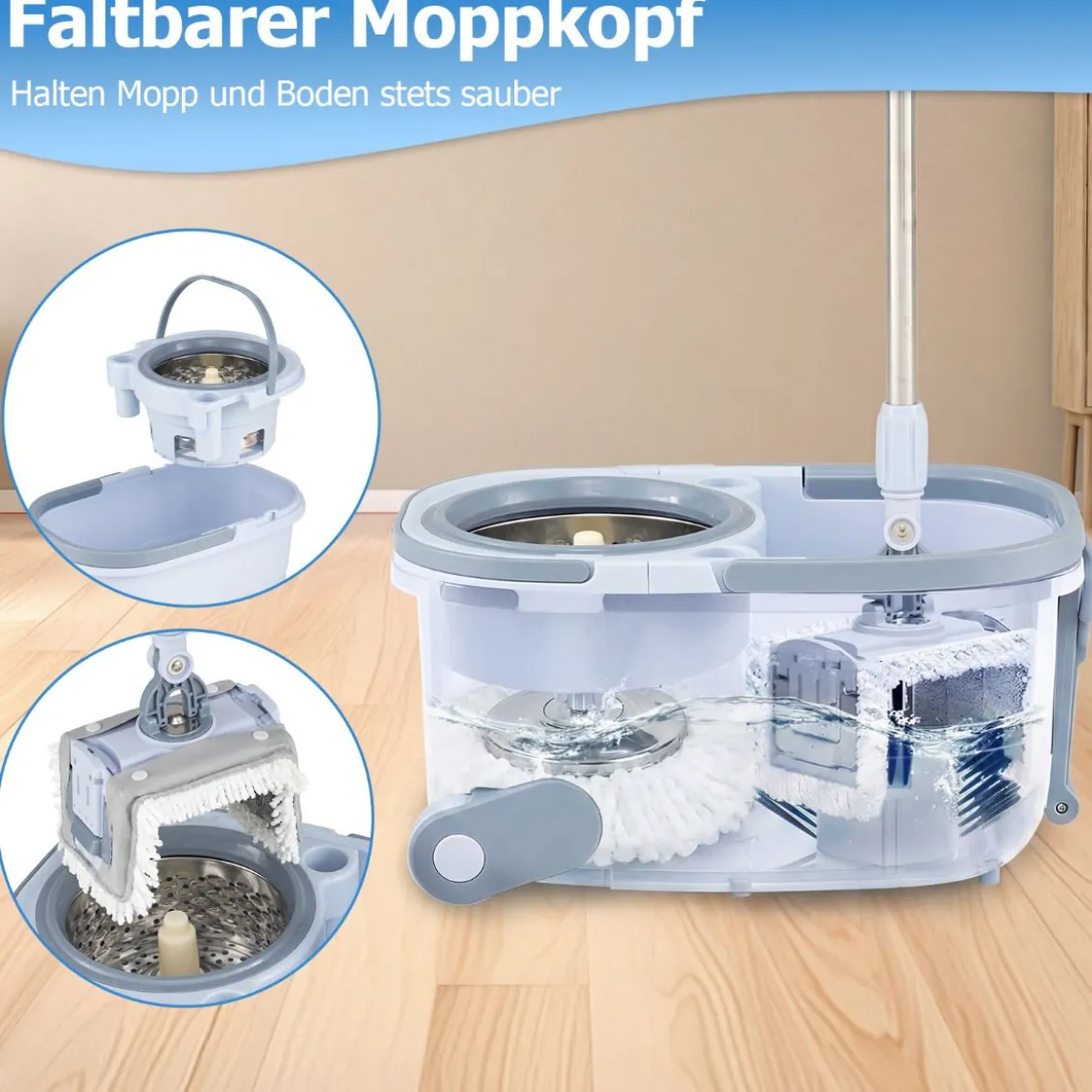 Wischmopp und Eimersystem mit Auswringfunktion & Abwassertrennung & 360° Wischköpfe Blau