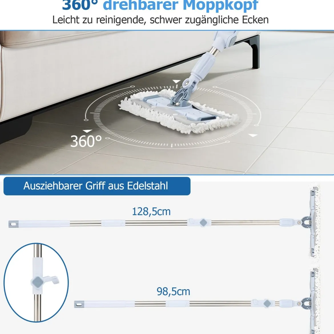 Wischmopp und Eimersystem mit Auswringfunktion & Abwassertrennung & 360° Wischköpfe Blau