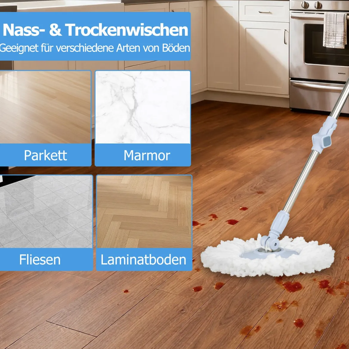 Wischmopp und Eimersystem mit Auswringfunktion & Abwassertrennung & 360° Wischköpfe Blau