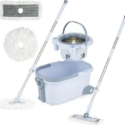 Wischmopp und Eimersystem mit Auswringfunktion & Abwassertrennung & 360° Wischköpfe Blau